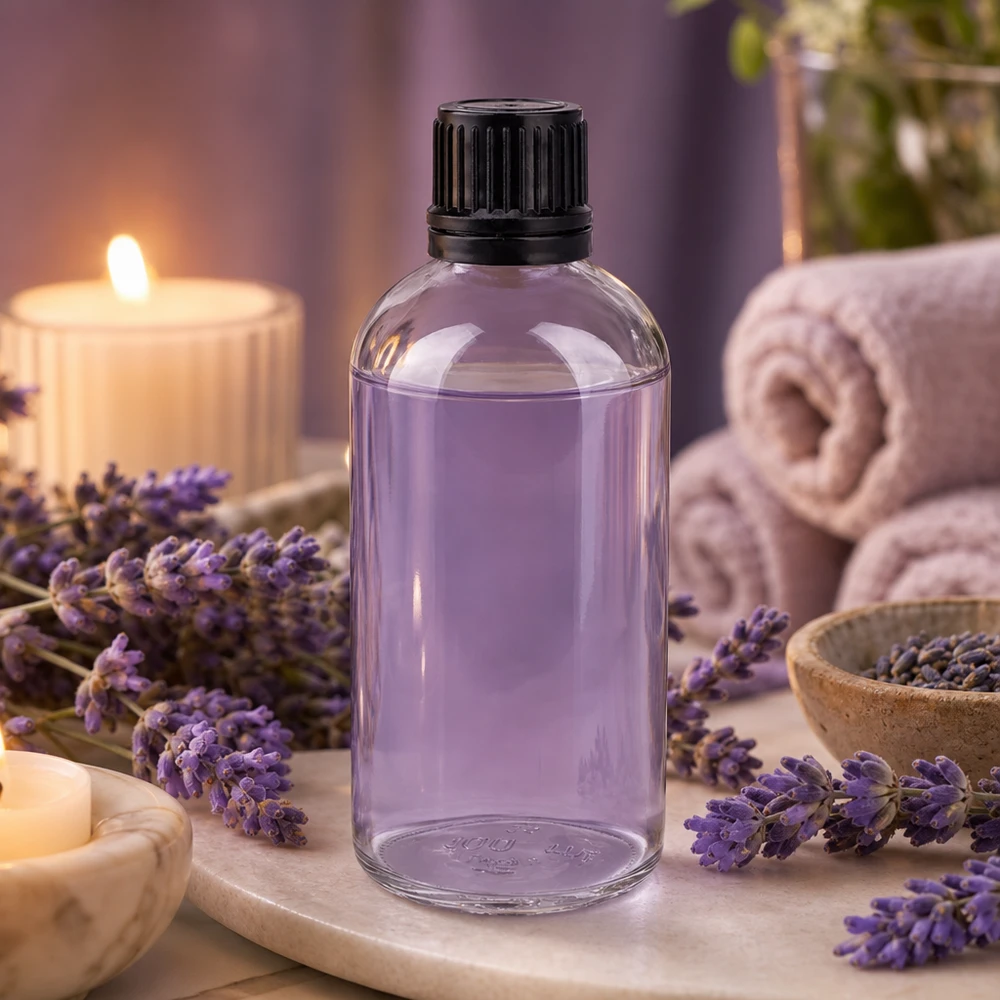 100 ml glasflaska fylld med lavendelolja i en spa-miljö med ljus och handdukar
