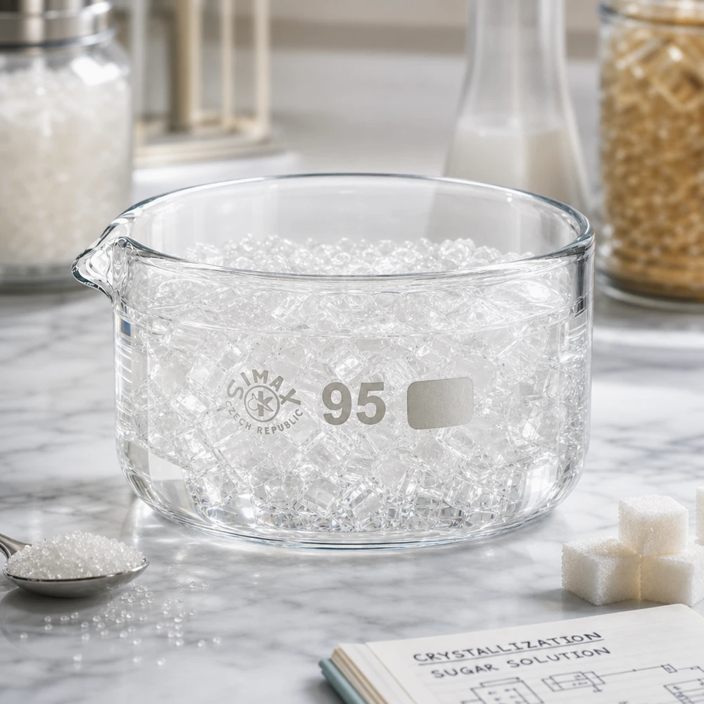 300ml kristalliseringsskål med pip borosilikat ø95mm Kristalliseringsskål 300 ml fylld med isbitar, platt glasskål, ø95 mm, SIMAX, med utlopp, laboratoriebruk