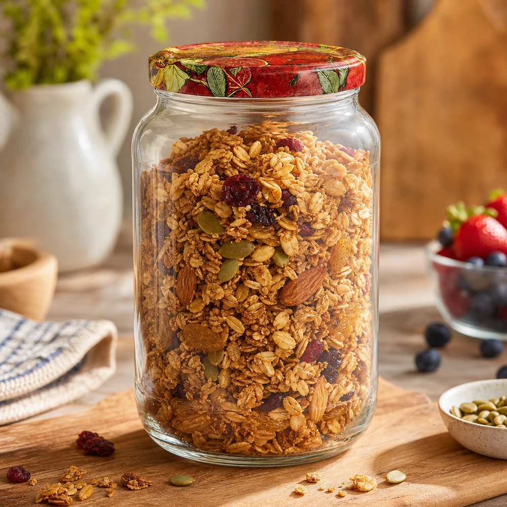 1062ml rund burk + BasicSeal lock fruktdekoration UNiTWIST 1062ml rund burk BasicSeal lock frukt dekor fylld med müsli granola nötter torkad frukt frukost förvaringsburk