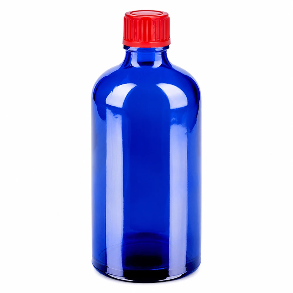 100ml blå glasflaska med rött skruvlock 11mm SV för medicin och kosmetika