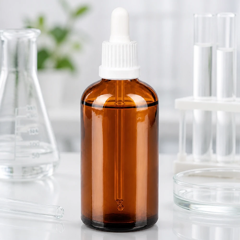 100 ml laboratorieflaska av bärnstensfärgat glas med exakt droppsystem för farmaceutiska tillämpningar