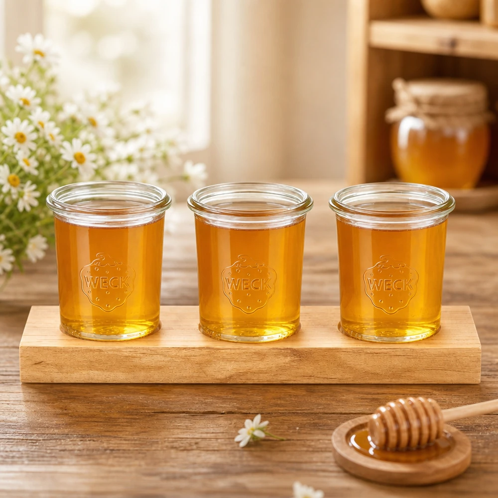 Tre Weck 160 ml-glas med gyllene honung på en Plano3 serveringsbräda bredvid en honungssked och blomsterdekoration