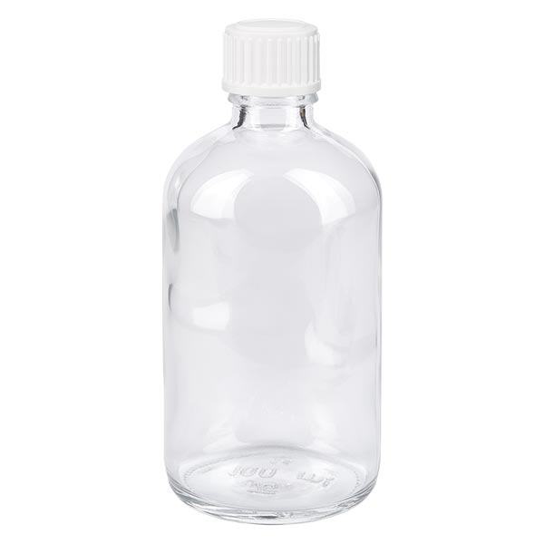 Apoteksflaska klar 100ml skruvkork vit globules standard Apoteksflaska klar 100ml skruvkork vit globules standard