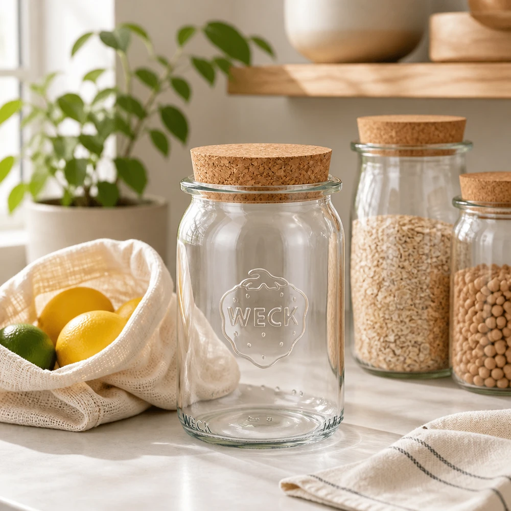 145ml cylinderburk WECK RR40 med kork natur WECK 145 ml cylindrisk burk RR40 tom med korklock i hållbart kök med noll avfall bredvid baljväxter och citrusfrukter