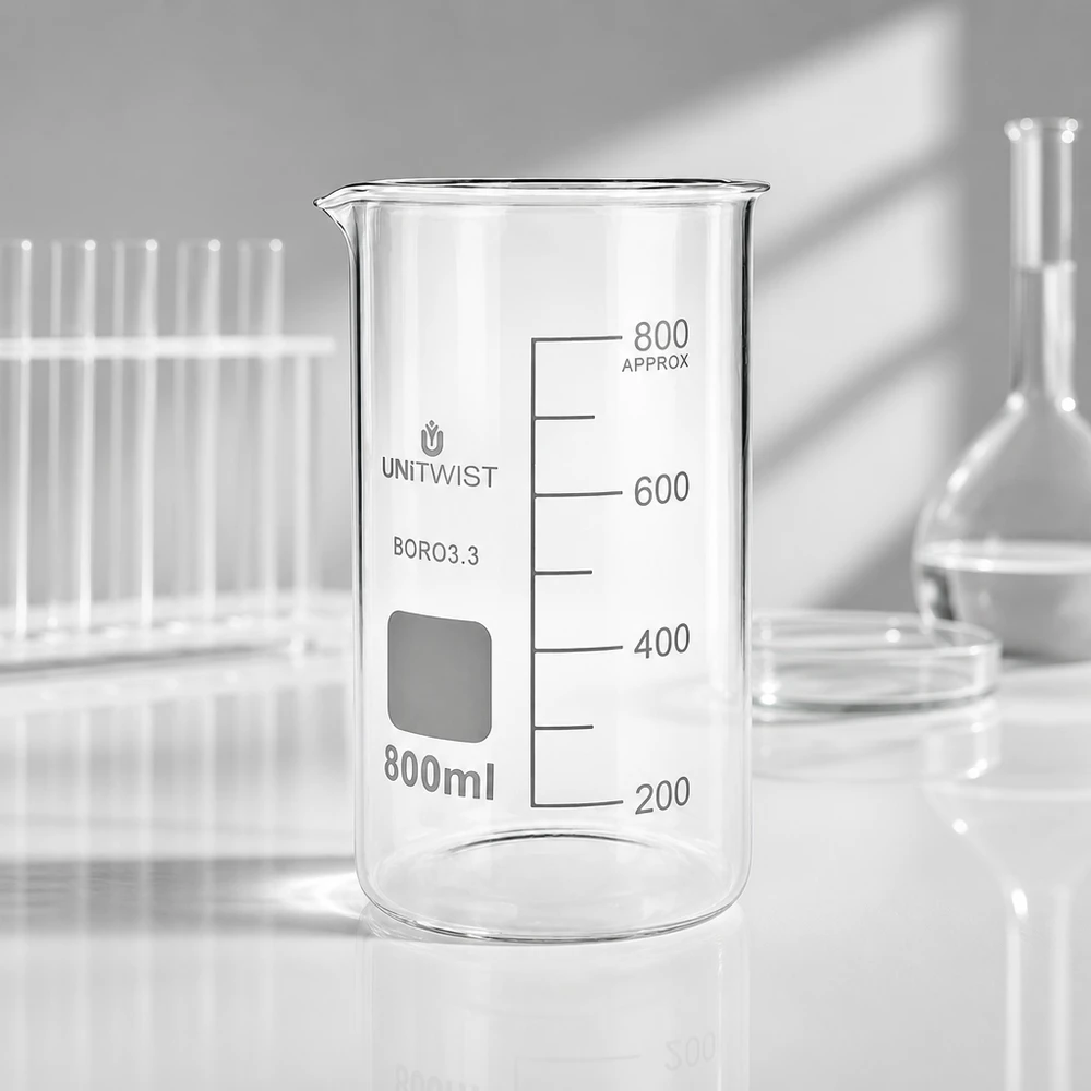 UNITWIST Bägare 800 ml, hög modell, tomt laboratorieglas av borosilikatglas med måttskala på vit bakgrund