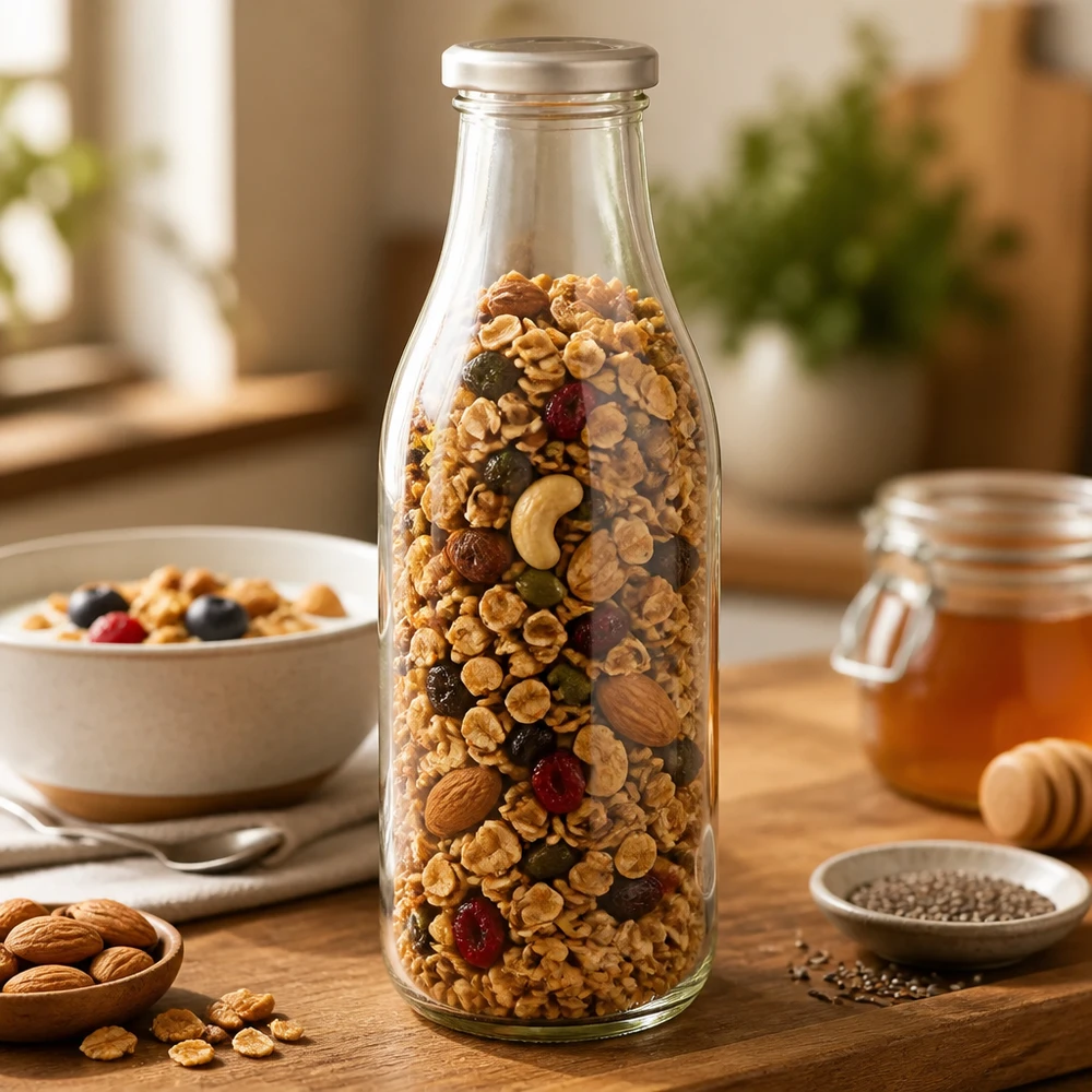 1000 ml glasflaska + BasicSeal-lock silver UNiTWIST 1000 ml glasflaska BasicSeal silver fylld med müsli, nötter och torkad frukt för förvaring av torr mat.