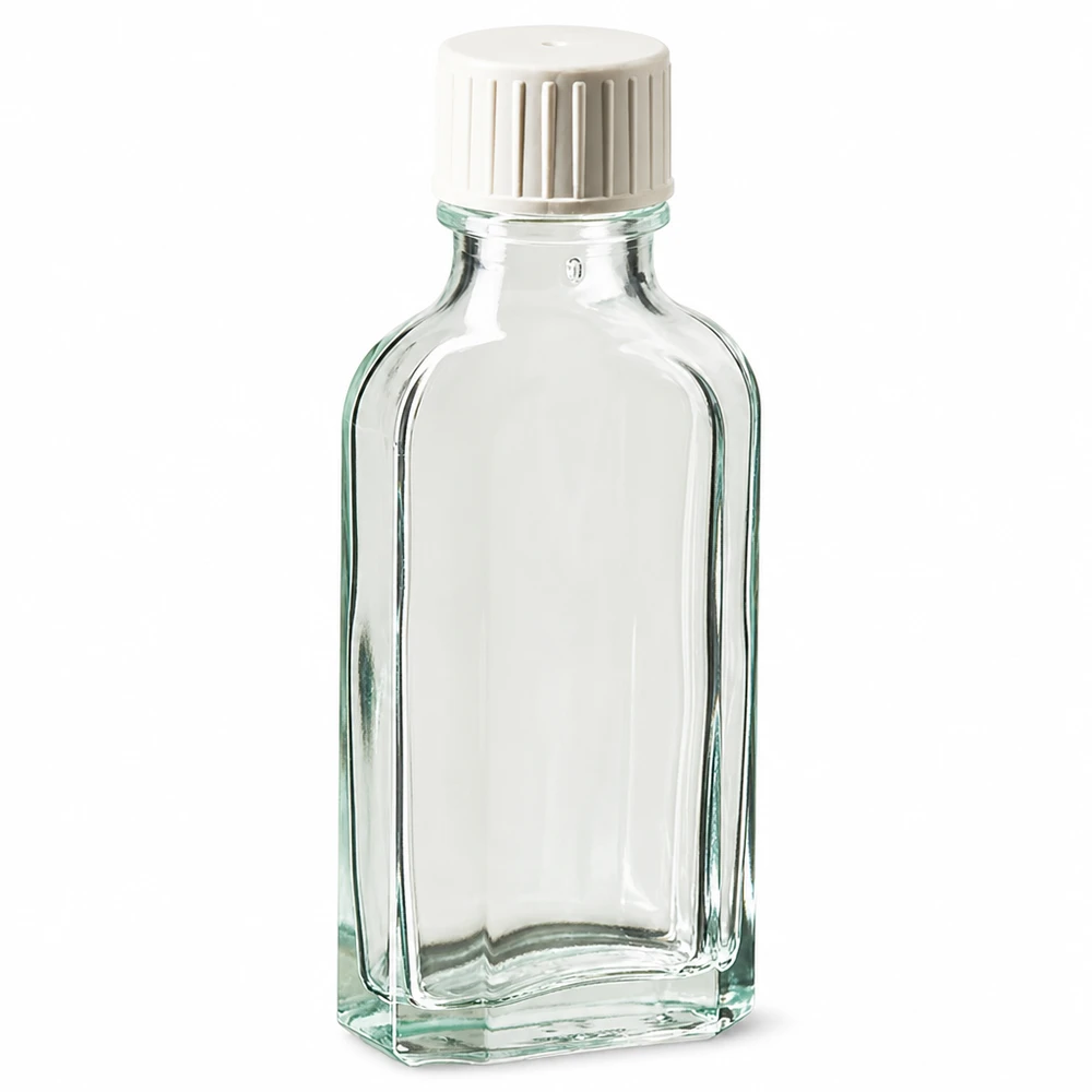 50 ml Meplat-glasflaska, klar, med vitt skruvlock och hällring