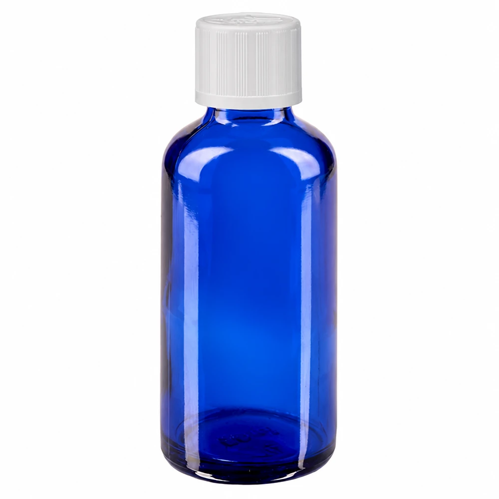 Apoteksflaska blå 50ml droppflaska vitt barnsäkert lock standard 50 ml blå apoteksflaska i glas med vitt barnsäkert lock och 1,2 mm droppinsats