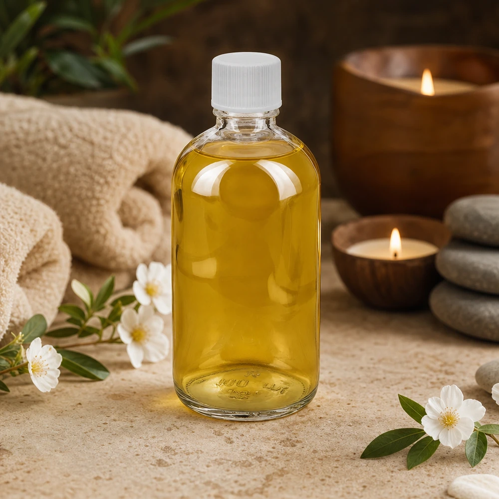 Massageolja i en genomskinlig glasflaska på 100 ml med vitt säkerhetslock SV 11 mm STD