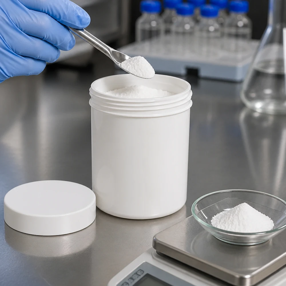 Salvburk 100g vit med vitt skruvlock (polypropylen) Öppen vit salvorburk på 100 g med spatel vid påfyllning på laboratorievåg