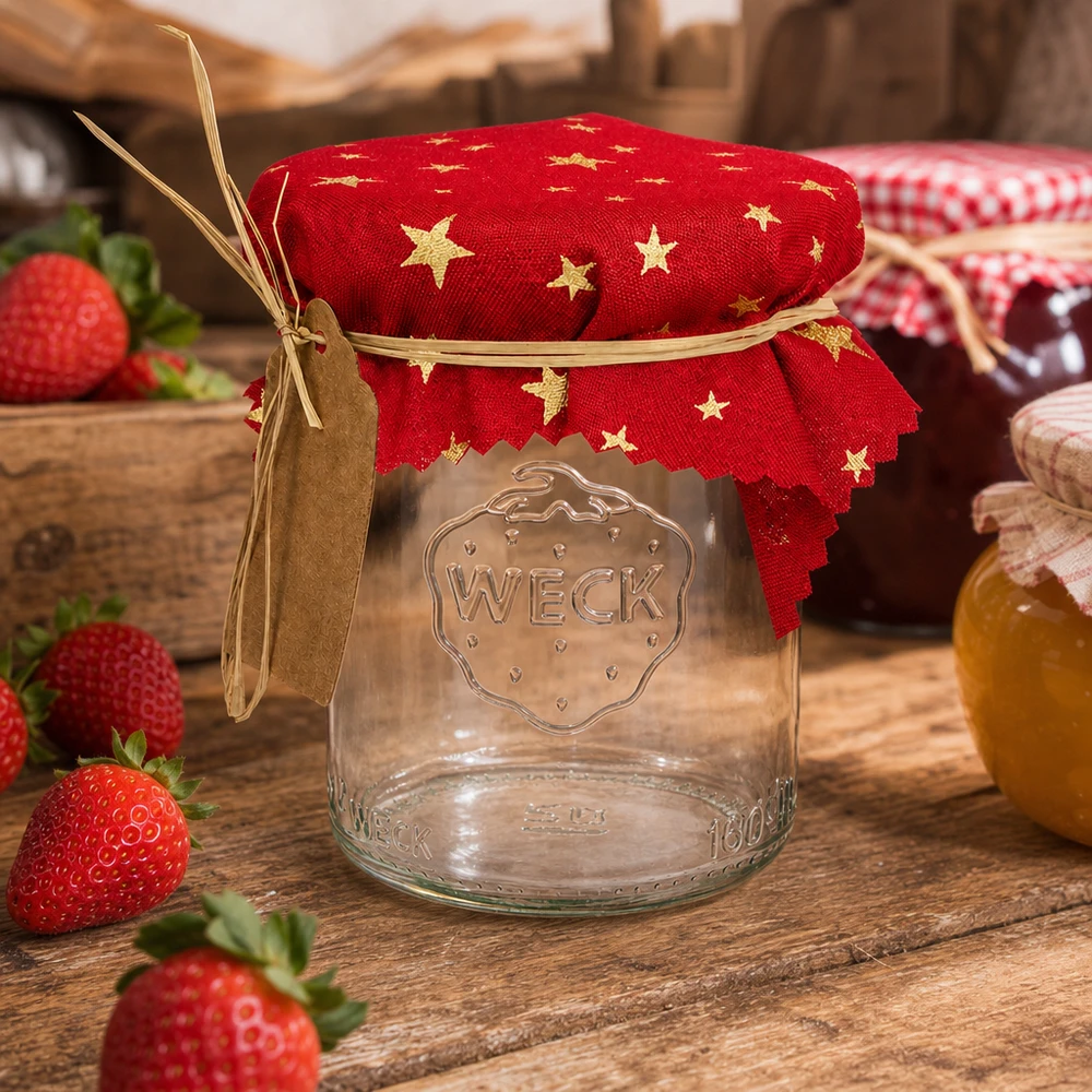 Material-servett, röd, Stjärnor, 12 cm, kvadratisk Dekoratives Schmuckdeckchen rot Sterne auf Einmachglas mit Erdbeeren rustikale Küchendeko Landhausstil 12cm