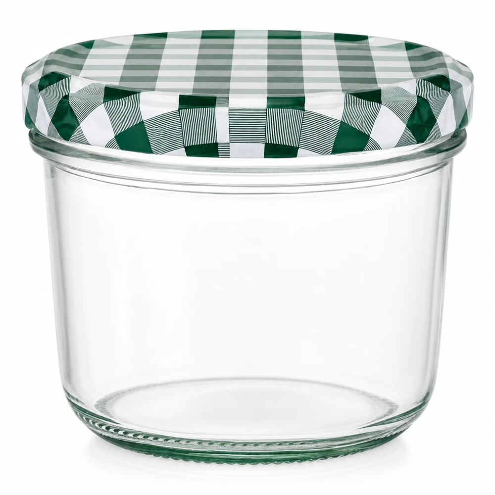 230ml Krossade glasögon + BasicSeal-lock grön/vit UNiTWIST 230 ml glas med grönt och vitt BasicSeal-lock rutigt transparent konserveringsburk syltburk