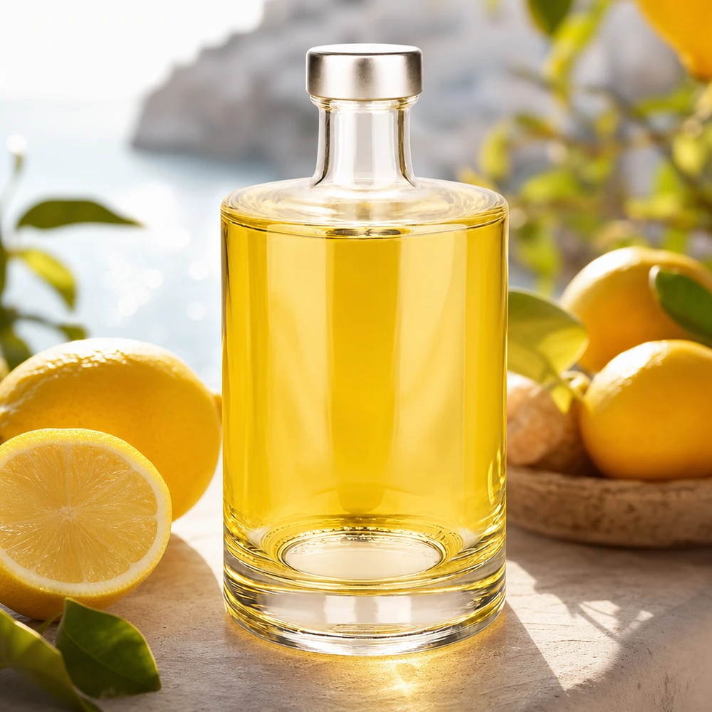 500 ml glasflaska Sam fylld med gul vätska bredvid citroner på träbord Livsstilsapplikation