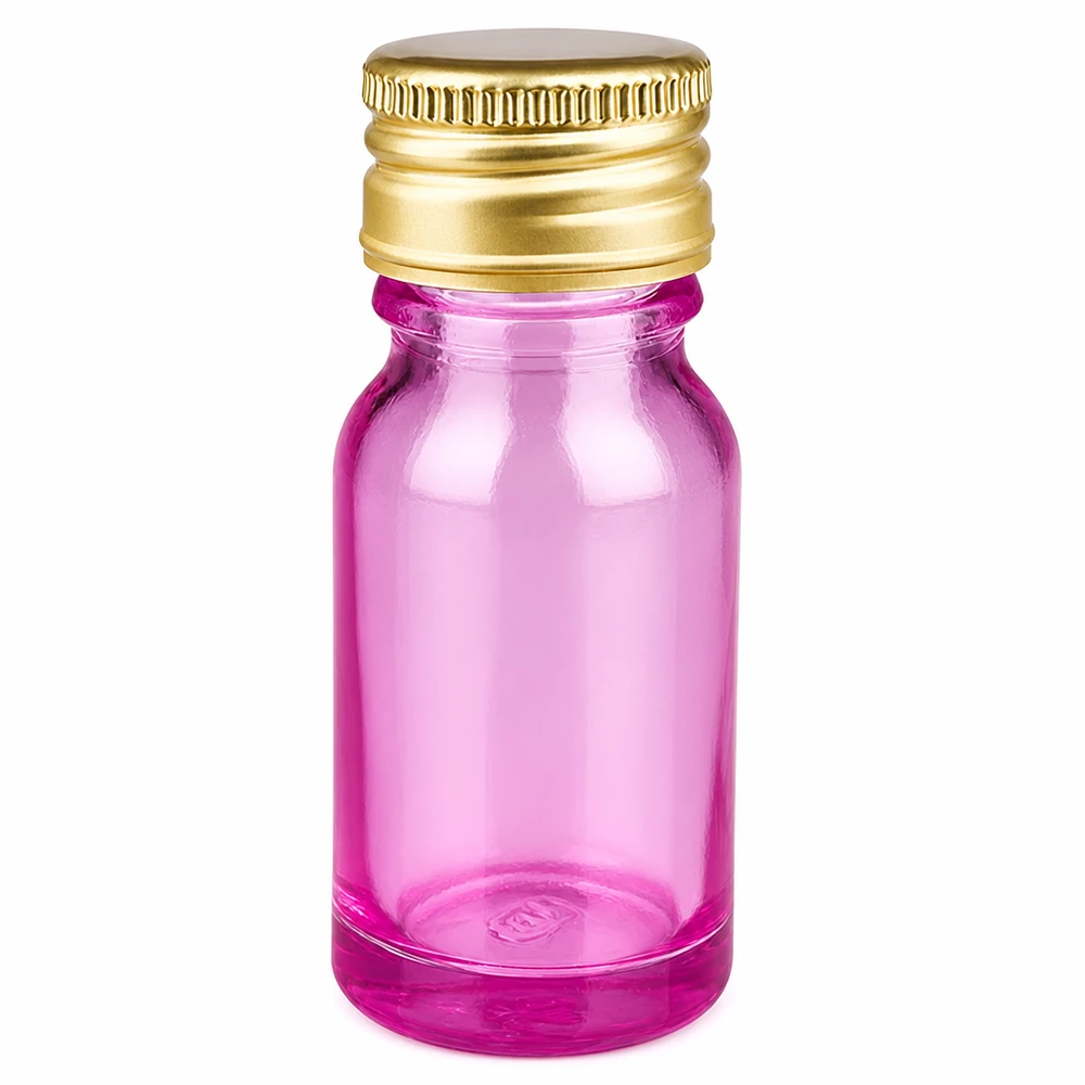 10 ml flaska med skruvlock av aluminium guld och lila transparent glas för eteriska oljor