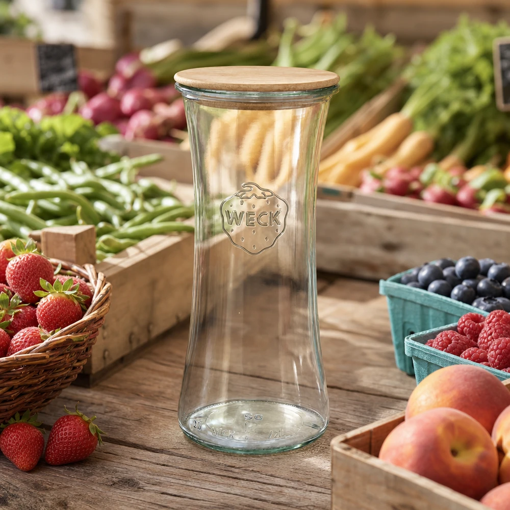 WECK delikatessburk 700ml RR80 med trälock på veckomarknaden mellan färsk frukt och grönsaker naturliga omgivningar