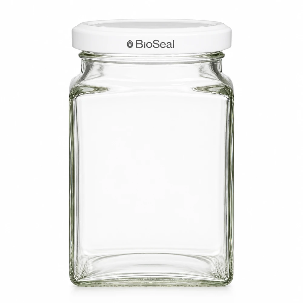 260 ml tetraburk + BioSeal-lock vit UNiTWIST UNiTWIST Tetra260 förvaringsburk fyrkantig med vitt TO58 BioSeal-lock tom transparent glasburk