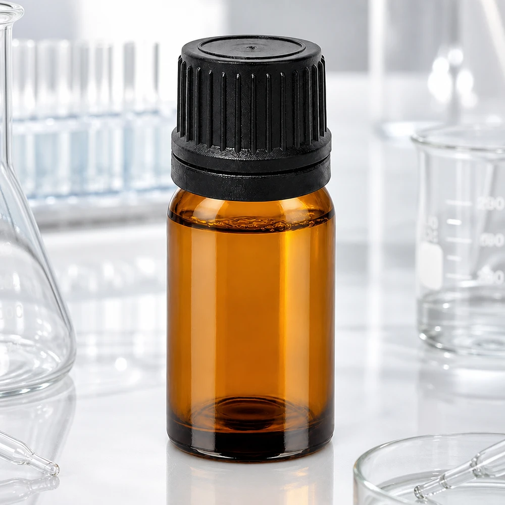 Bärnstensfärgad 10 ml glasflaska med 1 mm droppöppning och svart OV-lock för apotek