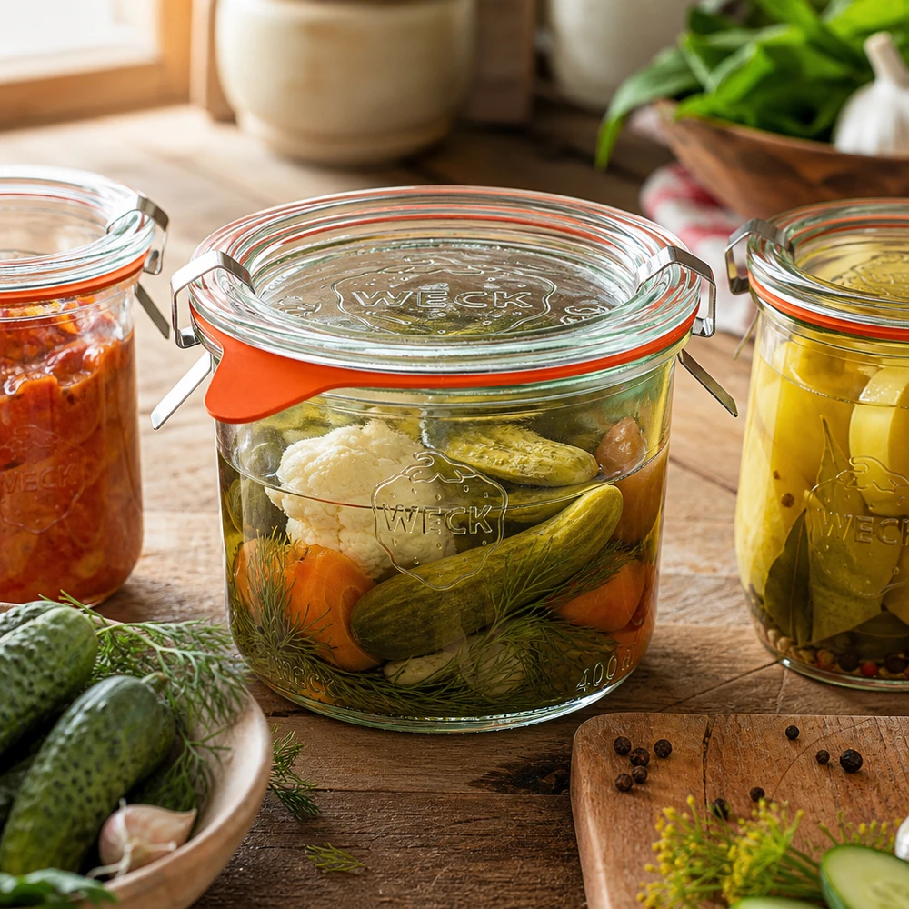 WECK 200 ml konserveringsburk RR80 för konservering av grönsaker och gurkor i ett rustikt kök med dill och kryddor