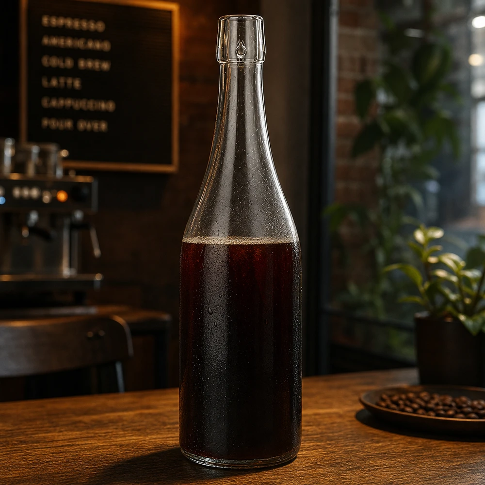 750ml glasflaska utan svängbar topp UNiTWIST 750ml UNiTWIST Glasflasche mit Cold Brew Kaffee befüllt auf Holztisch in stylischer Café Atmosphäre Anwendung