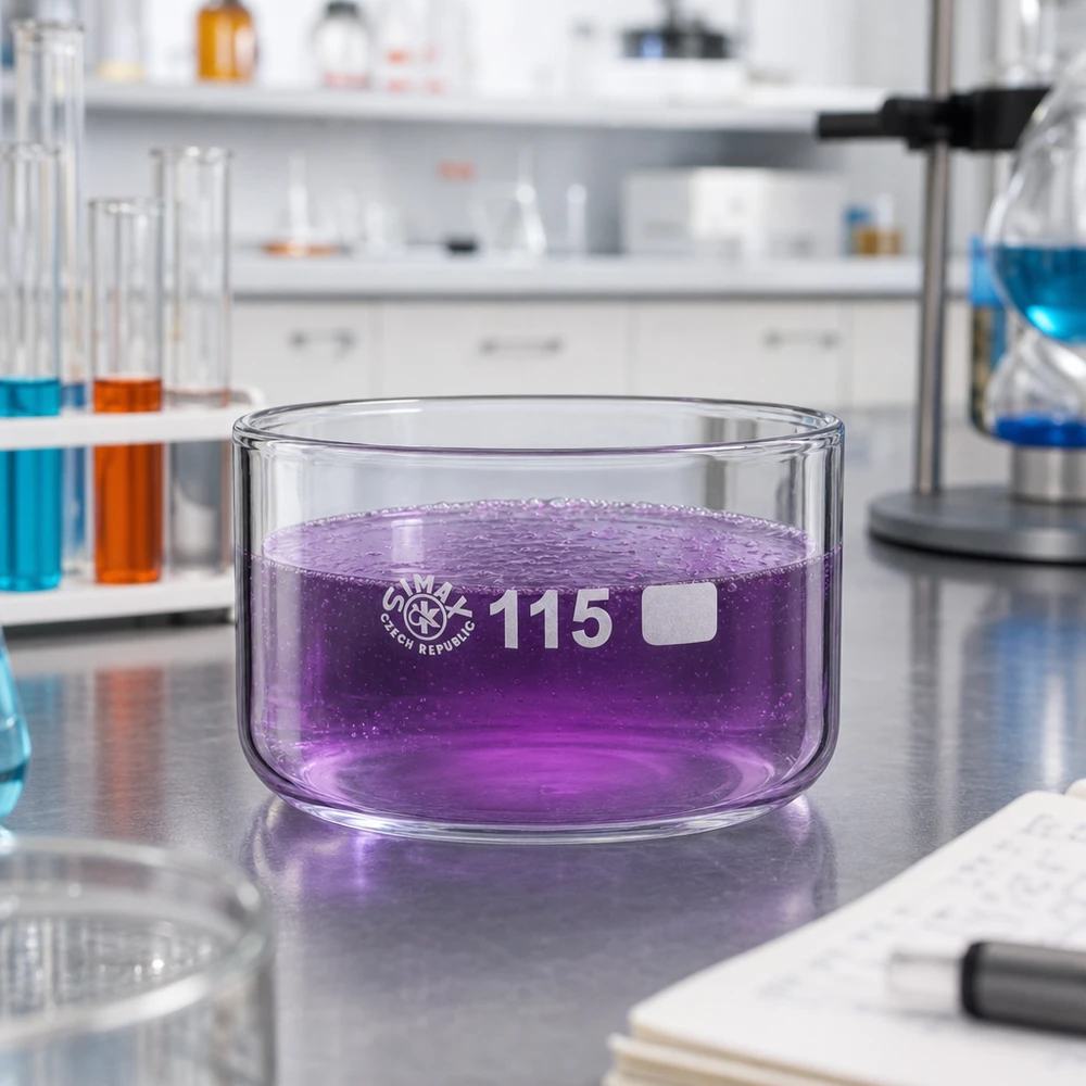 500ml kristalliseringsskål utan pip borosilikat ø115mm SIMAX-kristalliseringsskål, 500 ml, med violett kaliumpermanganatlösning i laboratoriet på ett bord av rostfritt stål