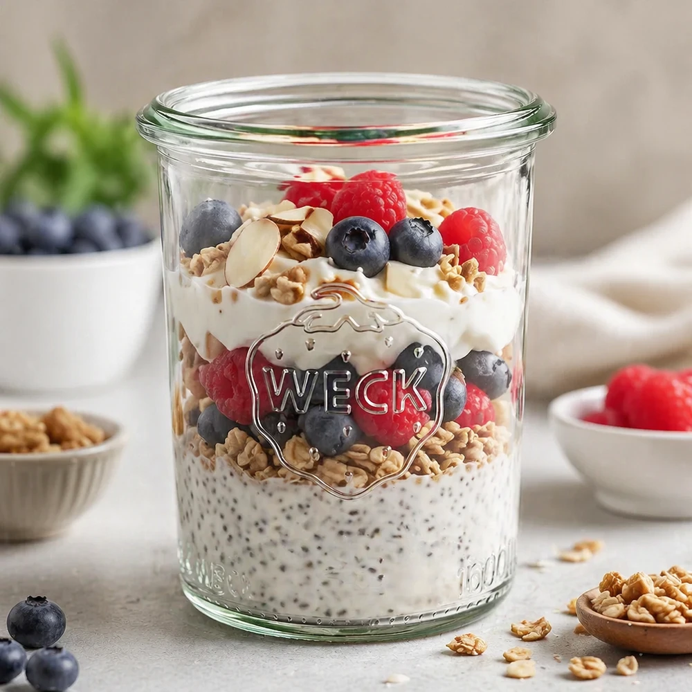 160ml Krossade glasögon WECK RR60 WECK 160ml RR60 mason jar fylld med chia pudding bär och nötter som en hälsosam frukostidé