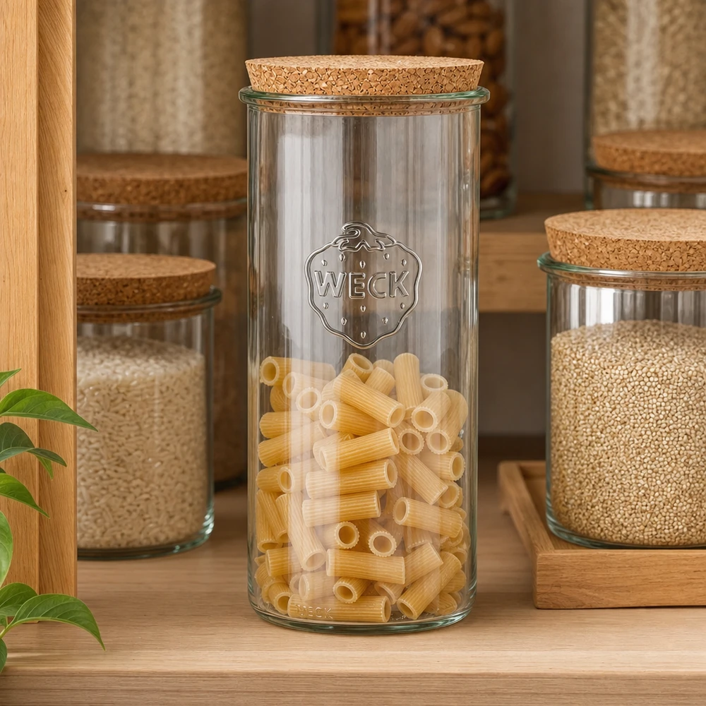 1500ml Krossade glasögon WECK RR100 med naturkork WECK RR100 1500 ml burk fylld med pasta Kökshylla Korklock Pantry organisation Förvaring