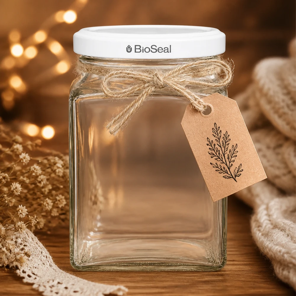 260 ml tetraburk + BioSeal-lock vit UNiTWIST UNiTWIST Tetra260 Vorratsglas mit weißem TO58 BioSeal Deckel und Geschenkanhänger rustikale Deko warmes Licht