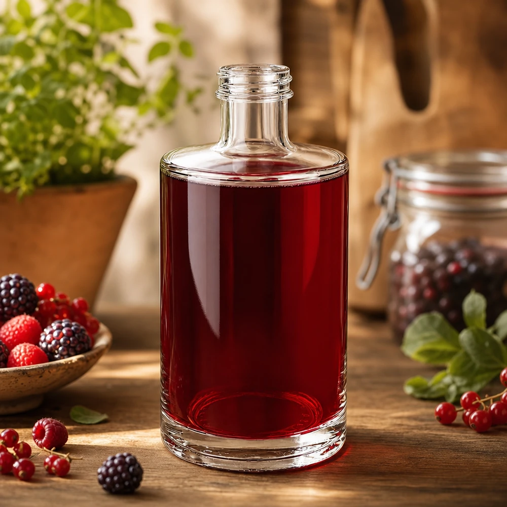 375 ml glasflaska Sam utan skruvlock UNiTWIST® 375 ml glasflaska Sam fylld med rödbärsjuice omgiven av färska hallon, björnbär och röda vinbär