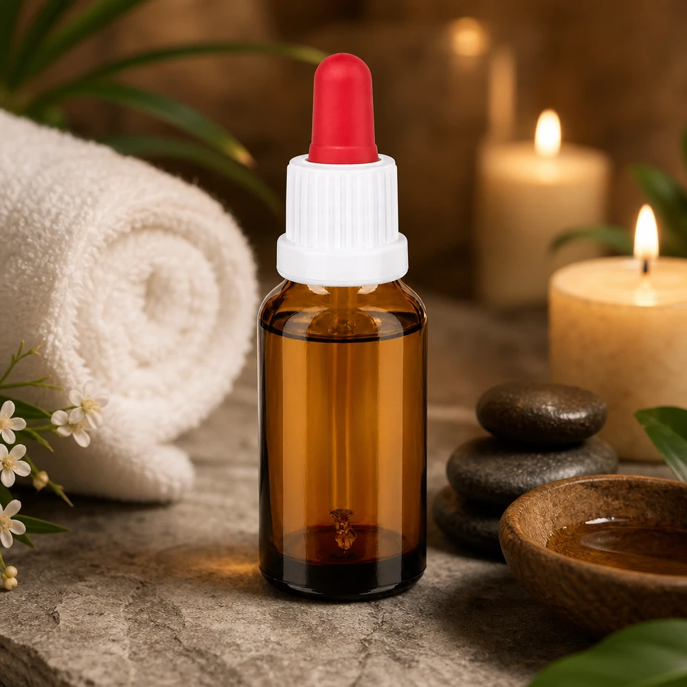 20 ml pipettflaska vit/röd med säkerhetsförslutning BrownLine UT18/20 Högkvalitativ 20 ml droppflaska i bärnstensfärgat glas med ergonomisk pipett för exakt portionering