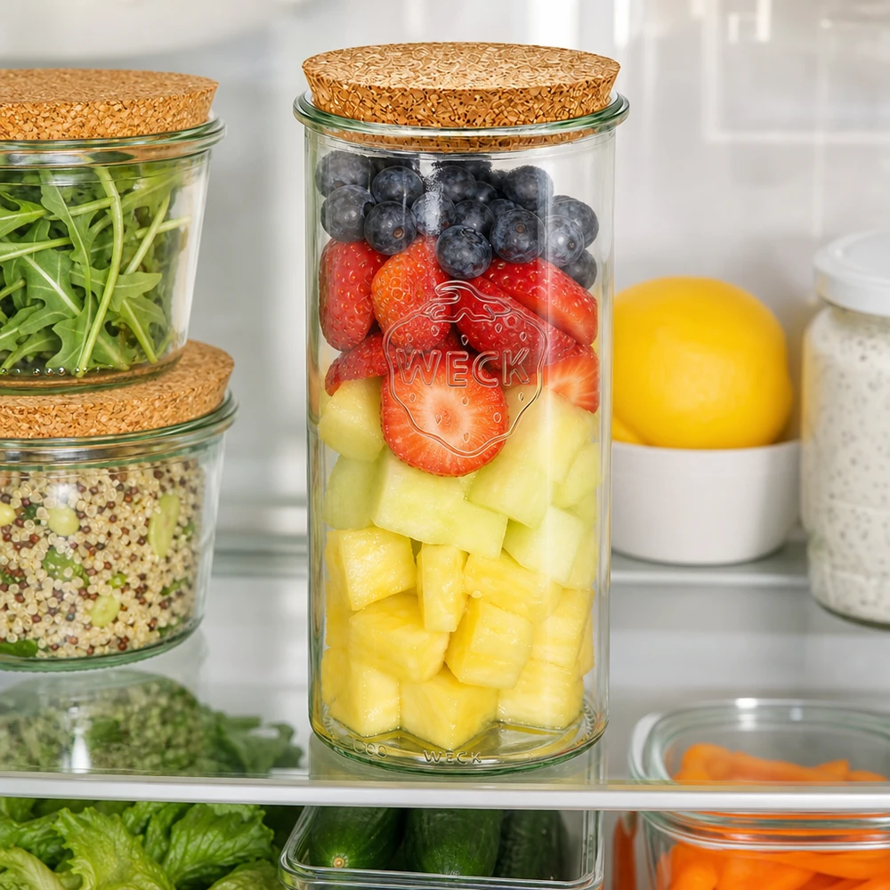1500ml Krossade glasögon WECK RR100 med naturkork WECK RR100 Kylskåpsorganisation Fruktsallad Bär Ananas Korklock Måltidsförberedelse håller sig fräsch