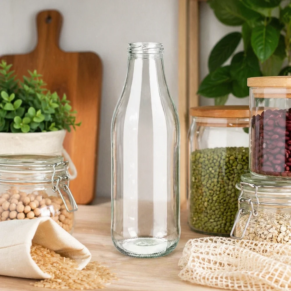 1000ml glasflaska utan lock (TO48) UNiTWIST 1000 ml glasflaska TO48 UNiTWIST i hållbart zero waste-kök med förvaringsburkar och baljväxter