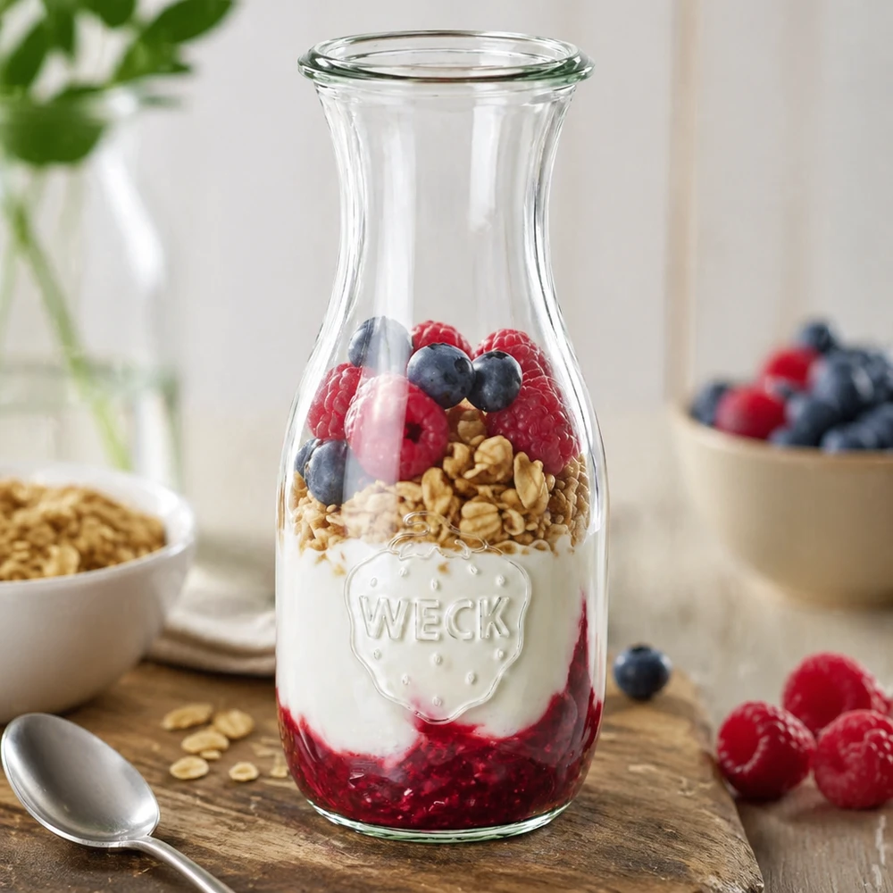 530 ml juiceflaska WECK RR60 WECK juiceflaska 530 ml RR60 som en flingskål fylld med yoghurt, bär och granola bredvid färsk frukt