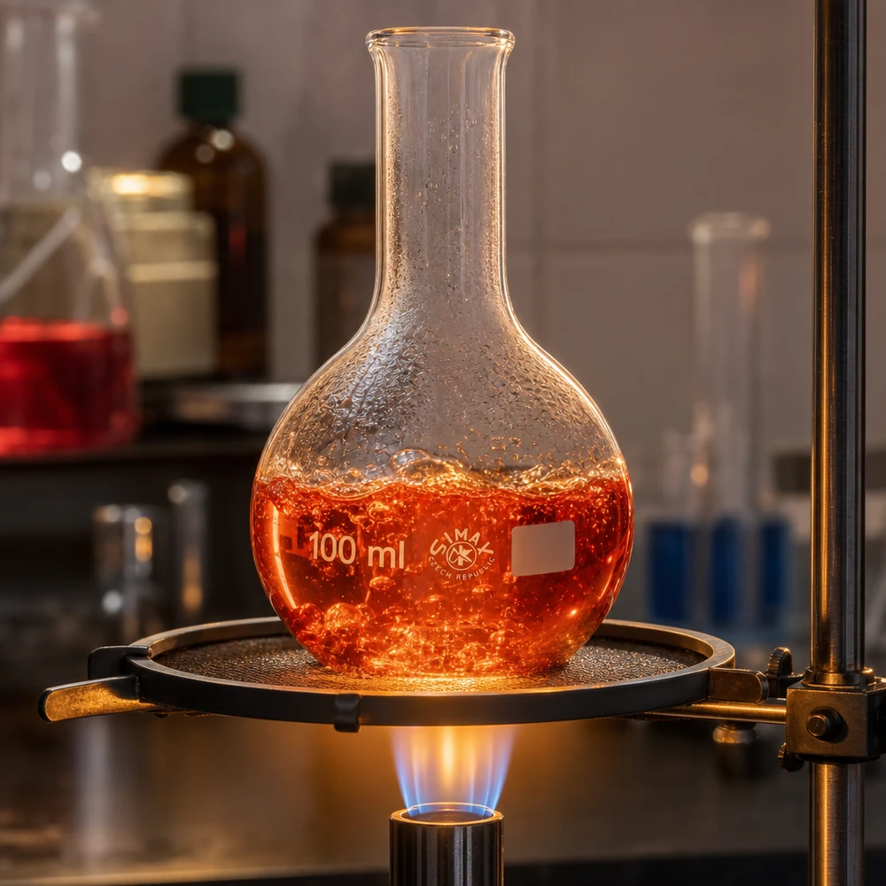 Stående kolv 100ml smal hals Stående kolv 100ml med smal hals på värmeplatta i laboratorium vid uppvärmning med synlig låga