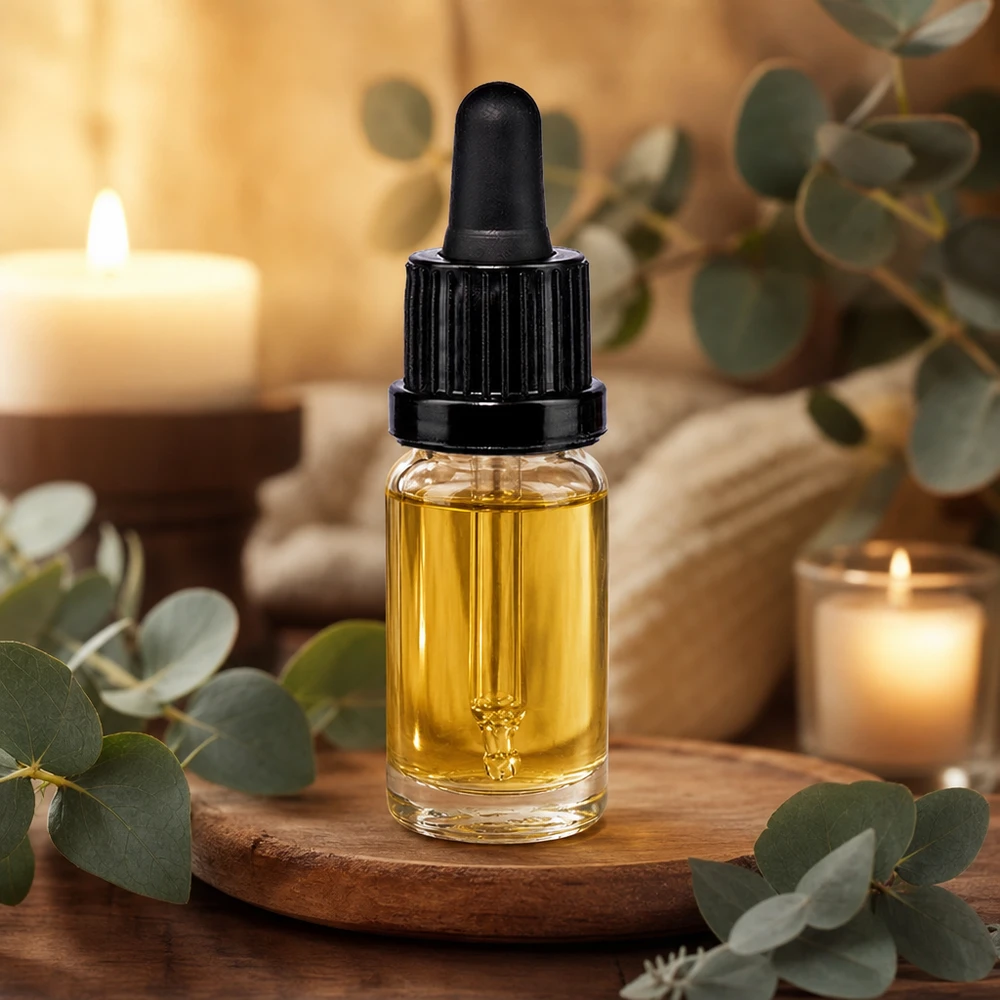 10 ml pipettflaska svart med säkerhetsförslutning ClearLine UT18/10 Genomskinlig pipettflaska på 10 ml med guldfärgad olja på en träskiva bredvid eukalyptusgrenar