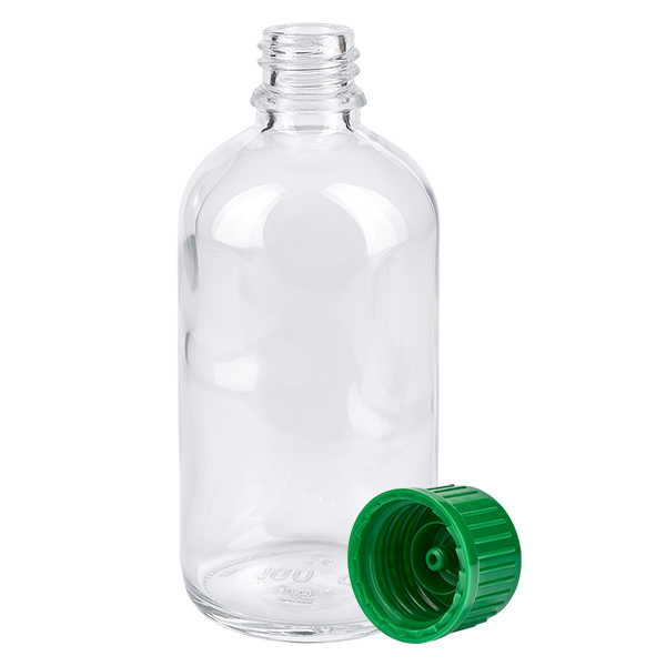 100ml flaska 11mm skruvkork grön Standard ClearLine UT18/100 Genomskinlig 100 ml apoteksflaska av typen ClearLine med grönt säkerhetslock 11 mm SV