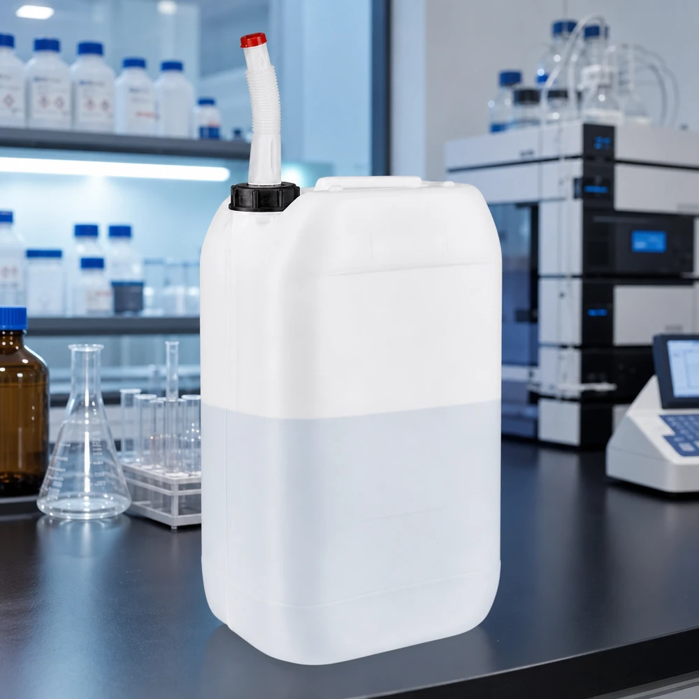 Dunk 15 liter med flexutloppsrör Rektangulär 15-litersdunk med flexibelt utloppsrör på laboratoriebordet
