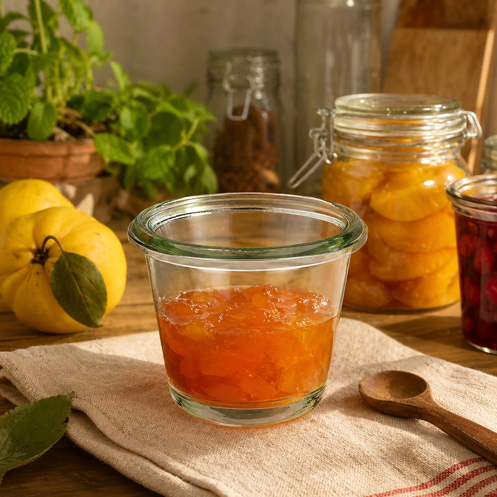 80 ml WECK gourmetburk RR60 fylld med sylt i ett rustikt kök bredvid färska citroner och andra konserveringsburkar