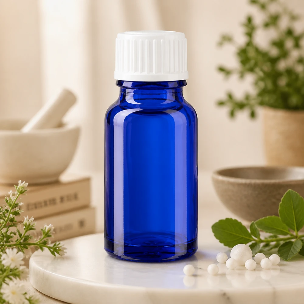 Apoteksflaska blå 10ml skruvkork vit standard Koboltblå apoteksflaska, 10 ml, med vitt skruvlock, 11 mm, bredvid homeopatiska globuli och medicinalväxter