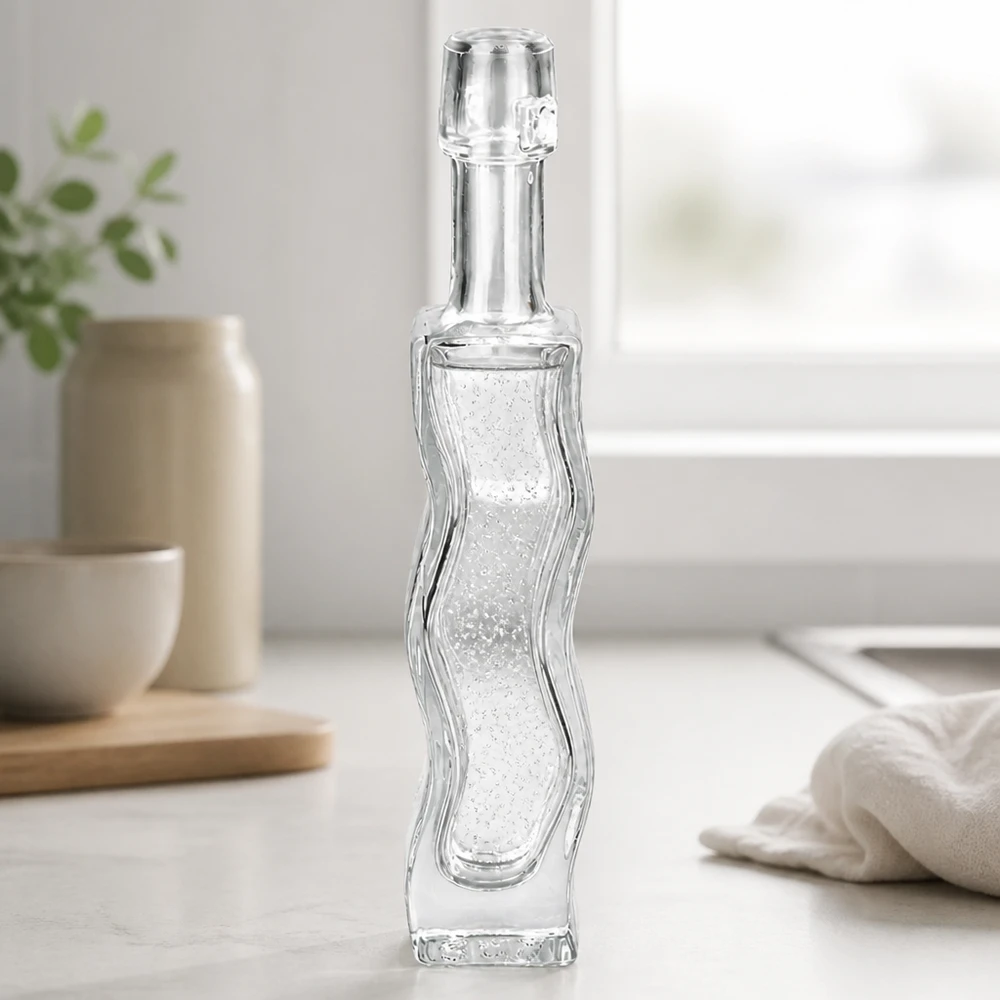 40 ml glasflaska Fila utan hänge UNiTWIST® 40ml glasflaska Anna med vågigt reliefmönster utan svängbar topp transparent tom badrumsmiljö sidovy