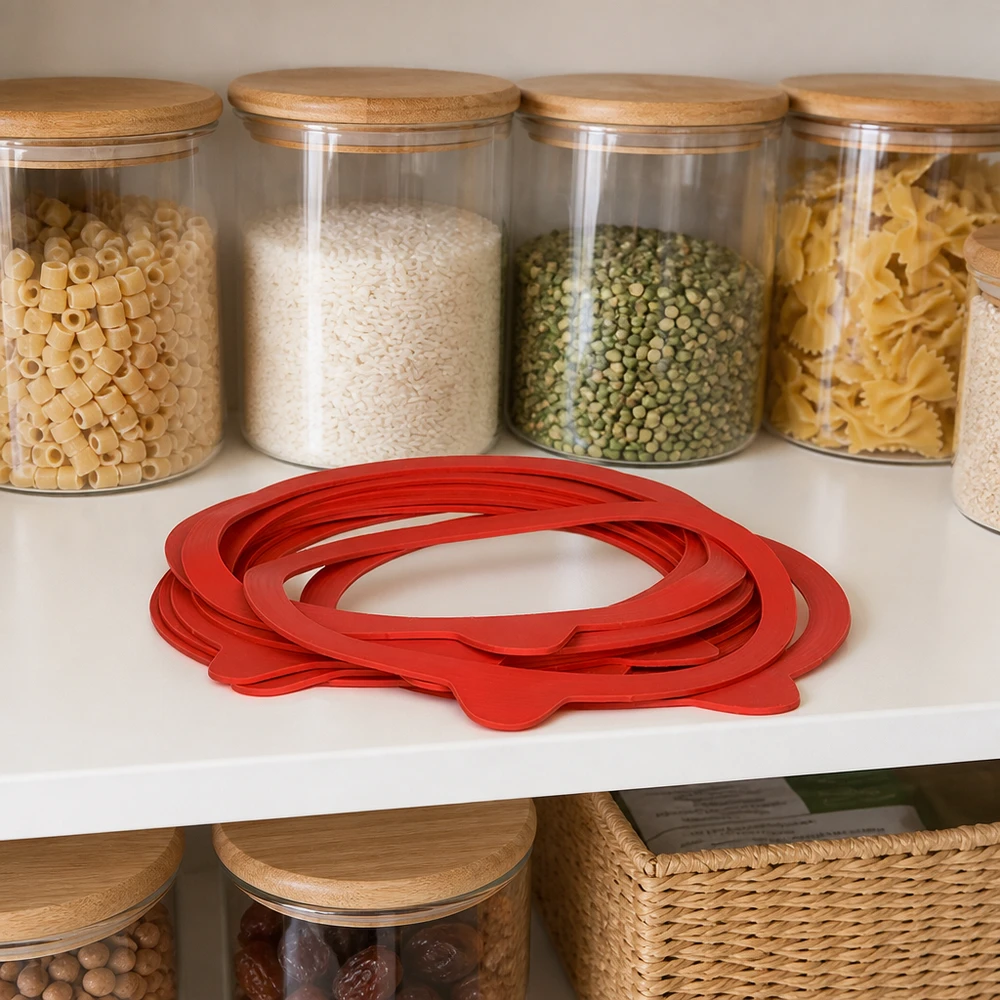 Tätningsring av naturgummi RR120 Röda konserveringsringar av naturgummi RR120 i skafferiet bredvid fyllda glasburkar med pasta och baljväxter