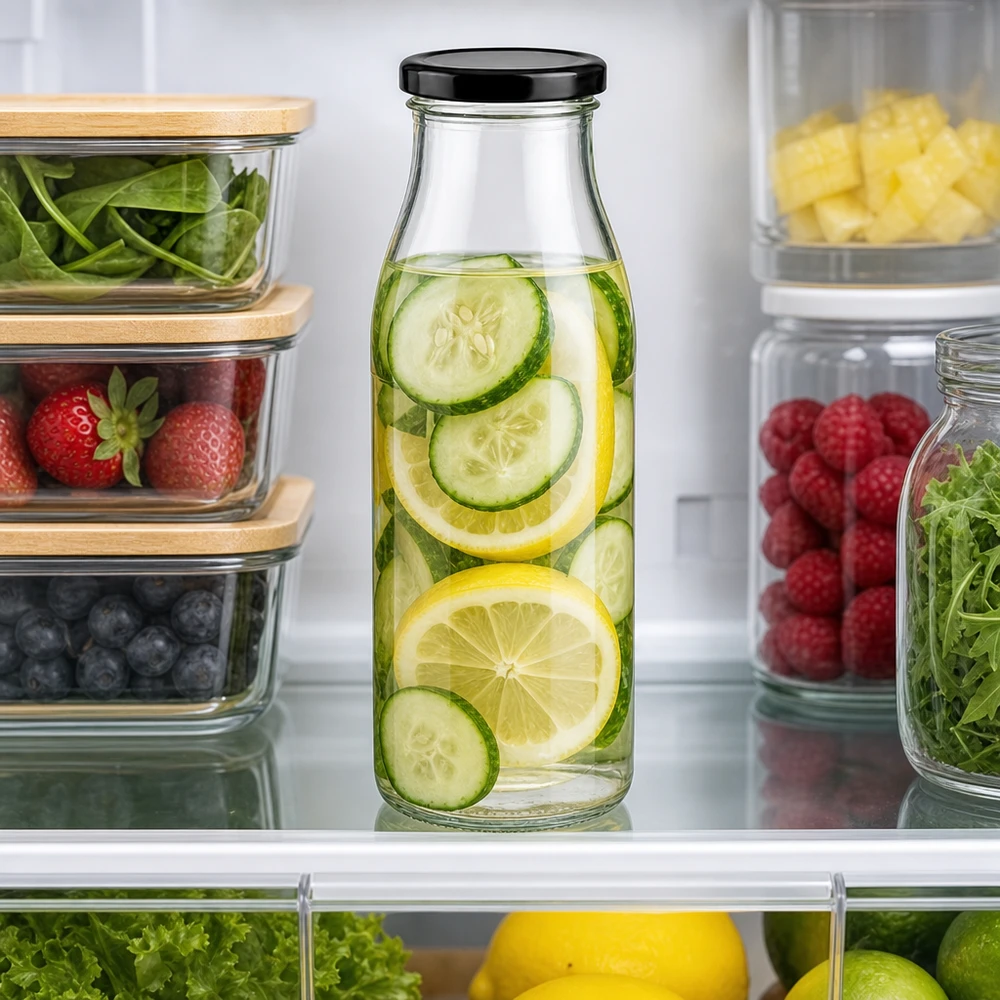 500 ml glasflaska + BasicSeal-lock svart UNiTWIST 500 ml glasflaska med gurka- och citronvatten i kylskåpet mellan färsk frukt och grönsaker