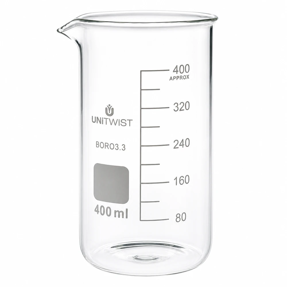 Bägare 400ml borosilikat, högformad UNiTWIST Becherglas, 400 ml, hög modell, tillverkat av borosilikatglas 3.3 med milliliterskala från UNITWIST
