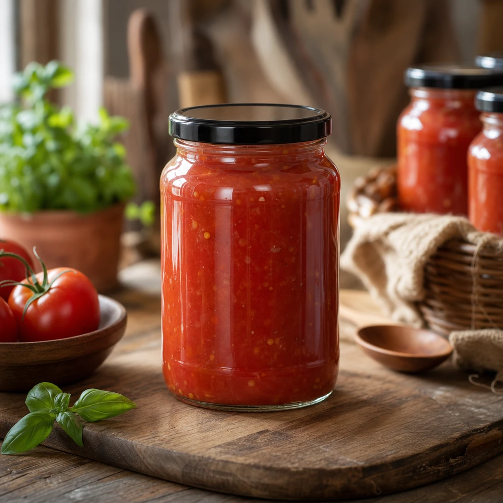 Tomatsås i 1700ml rund burk svart BasicSeal lock träskiva kök rustik atmosfär konserveringsburk