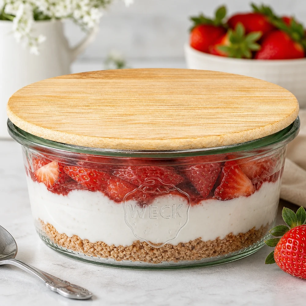 165ml Krossade glasögon WECK RR80 med trälock WECK RR80 165 ml murarburk med bambulock som dessertburk för jordgubbsdesserter i köksmiljö
