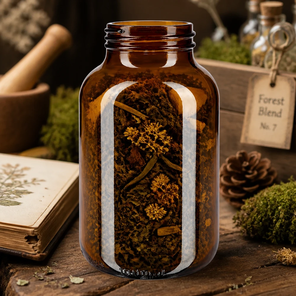 1000ml flaska med bred hals bärnstensfärgat glas Stor bärnstensfärgad glasflaska 1000 ml med extra bred hals, perfekt för örter och torkade växter