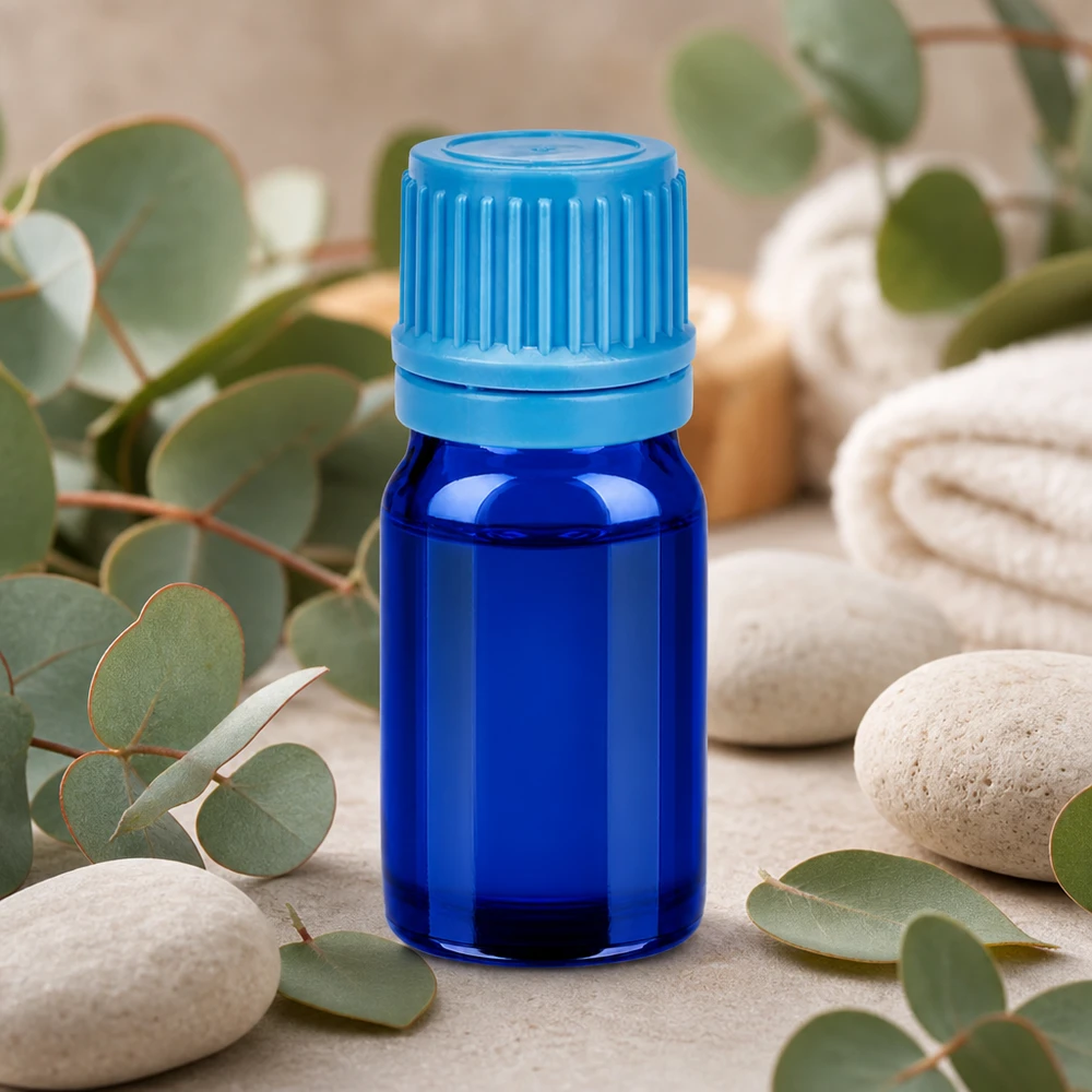 Blå 5ml glasflaska 11mm SV med UT18-gänga för säker förvaring av aktiva ingredienser