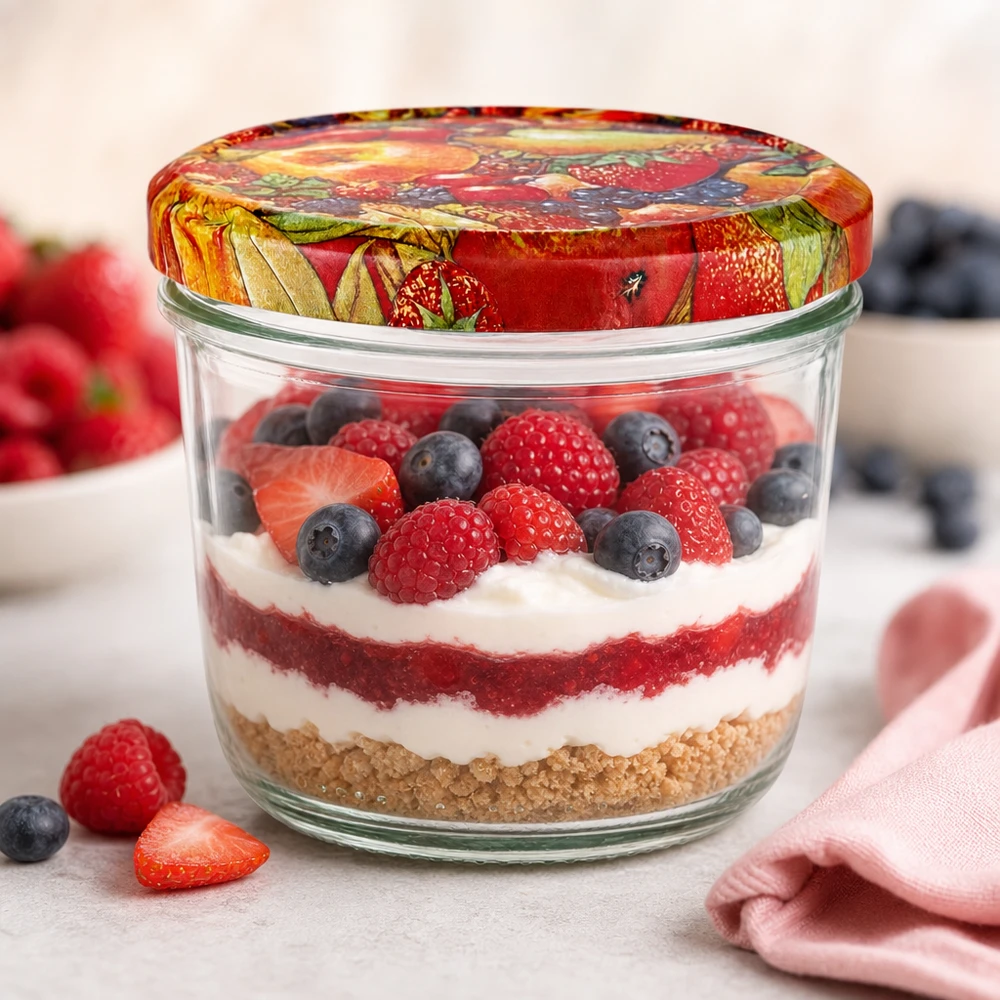 230 ml glas med BasicSeal-lock med fruktdekor fyllda med en dessert i lager med bär, grädde och kexbotten