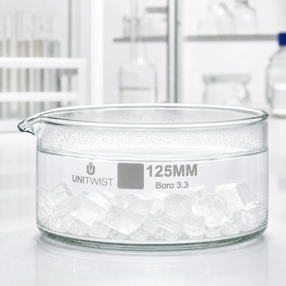 Kristallisationskärl ø125 mm, borosilikatglas UNiTWIST Kristallisationsskål, 125 mm, borosilikatglas, fylld med isbitar, för laboratoriebruk UNiTWIST