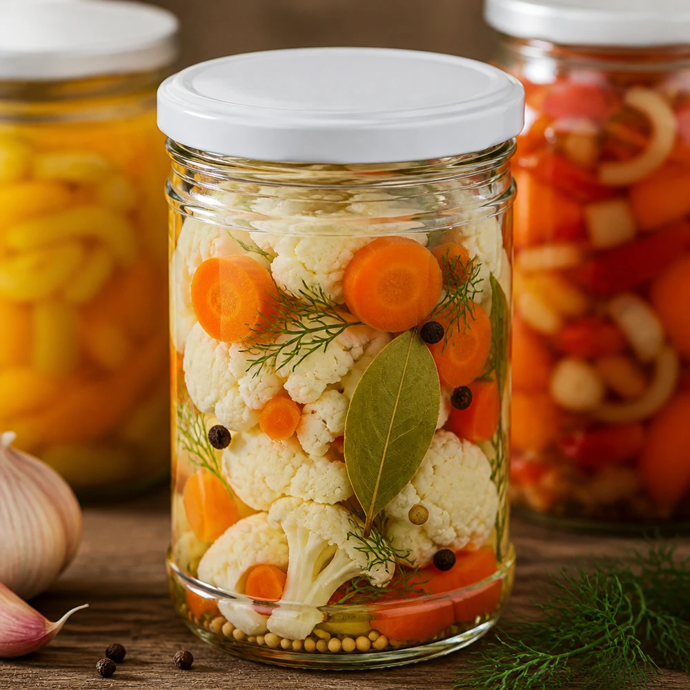 1053ml Krossade glasögon med BasicSeal-lock vit UNiTWIST 1053ml tumlare fylld med inlagda grönsaker morötter blomkål dill visar praktisk användning som konserveringsburk