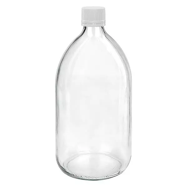1000 ml medicinflaska klar, lock vit/fin med manipuleringssäker ring ApoGlas 1000 ml medicinflaska klar, lock vit/fin med manipuleringssäker ring ApoGlas